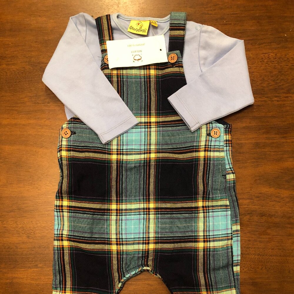 Plaid Overalls Romper Set with Long Sleeve Shirt